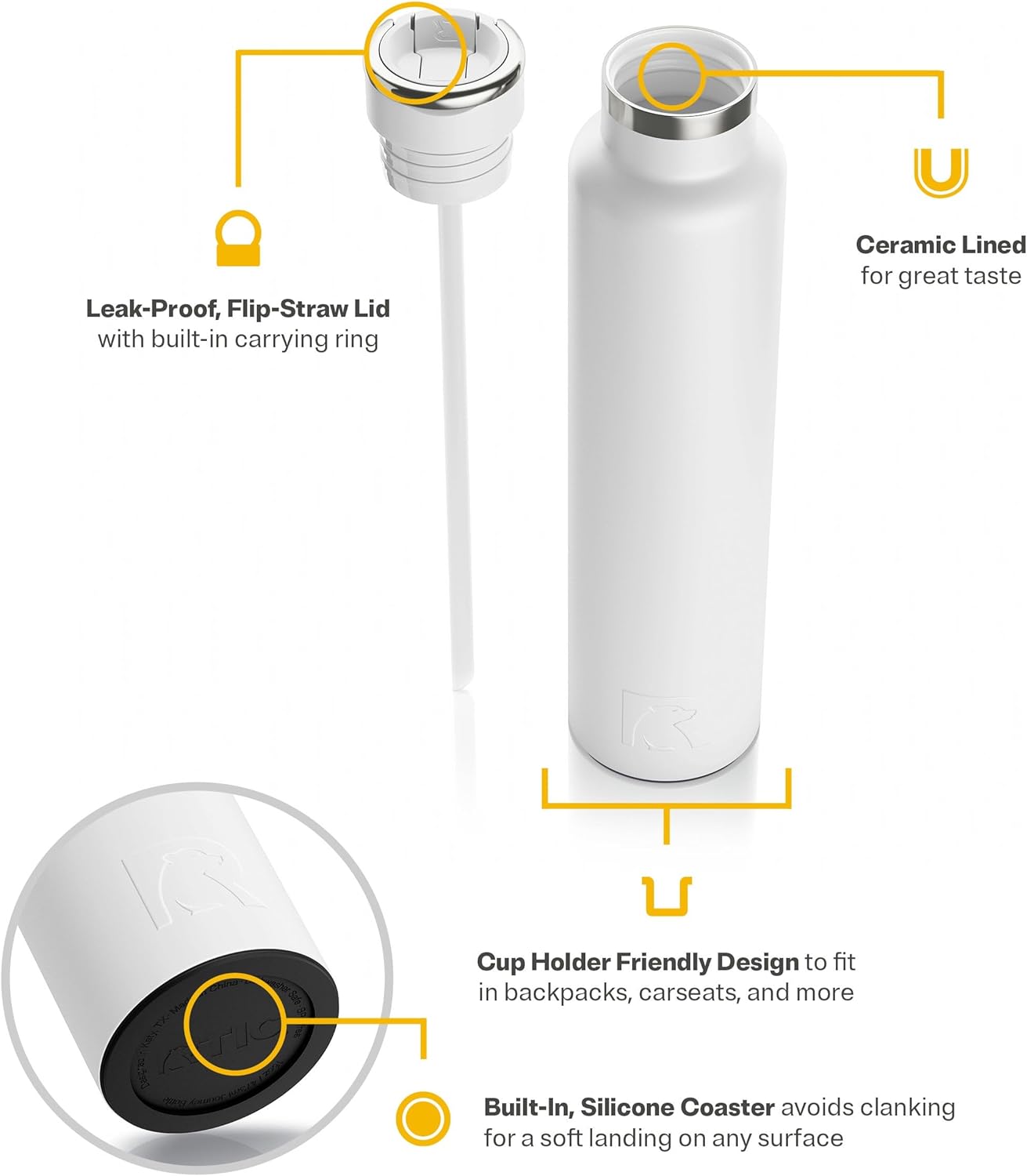 RTIC 26oz Journey Bottle Metal Stainless Steel Vacuum Insulated, BPA Free, Reusable, for Water, Hot and Cold Drinks, Travel, Sports, Camping, White