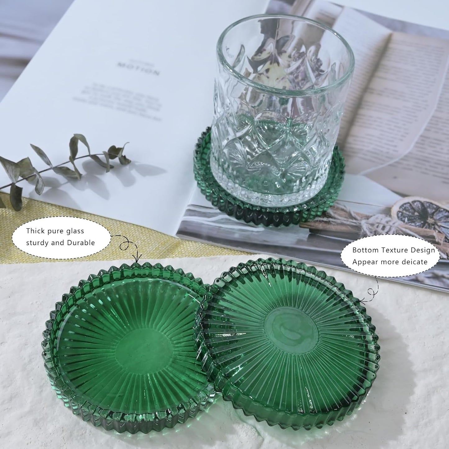 Glass Coaster 6 Pack Round Cup Coasters for Drinks,Crystal Coffee Coaster,Stylish Drink Coasters for Kitchen Bar Dining Room Living Room Office Decor and Jewelry Storage,Green