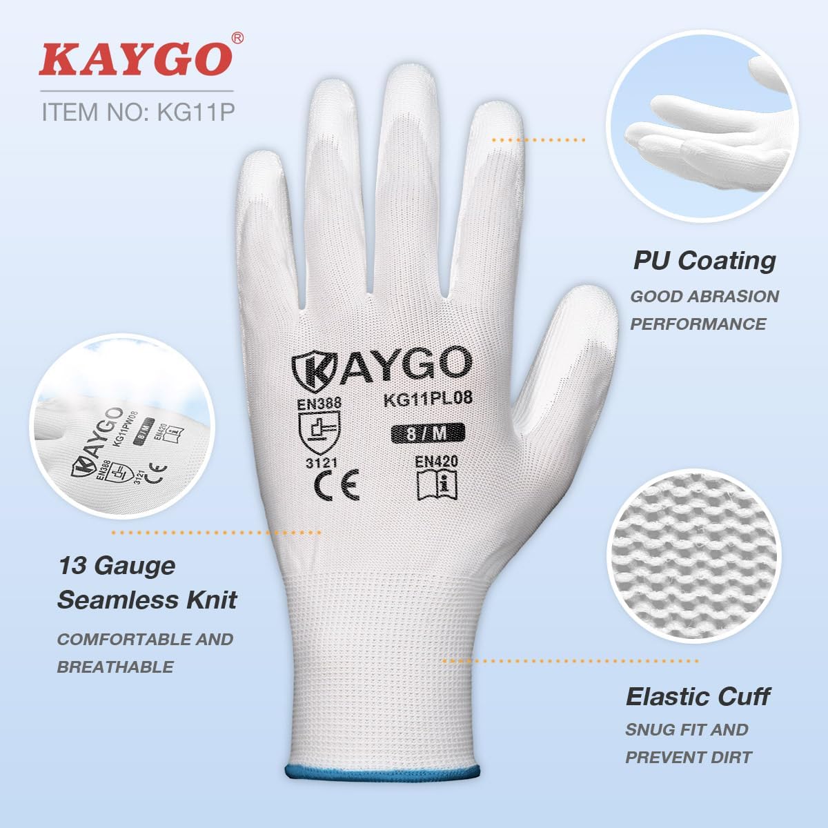 KAYGO Safety Work Gloves PU Coated-12 Pairs, KG11PB, Seamless Knit Glove with Polyurethane Coated Smooth Grip on Palm & Fingers, for Men and Women, Ideal for General Duty Work (X-Large, White)