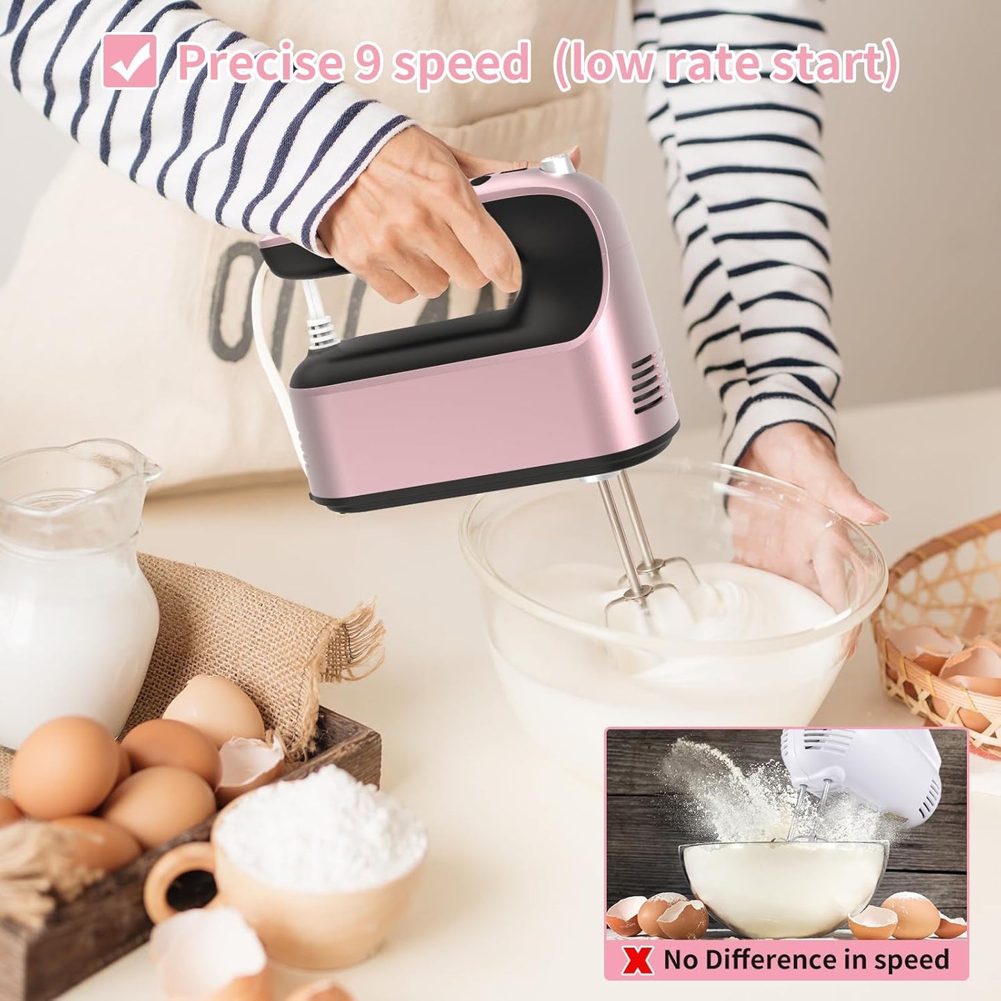 9-Speed Digital Hand Mixer Electric, 400W Powerful DC Motor, Baking Mixer Handheld with Snap-On Storage Case, 5 Stainless Steel Accessories, Flat Beaters, Dough Hooks, Whisk (Rose Gold)