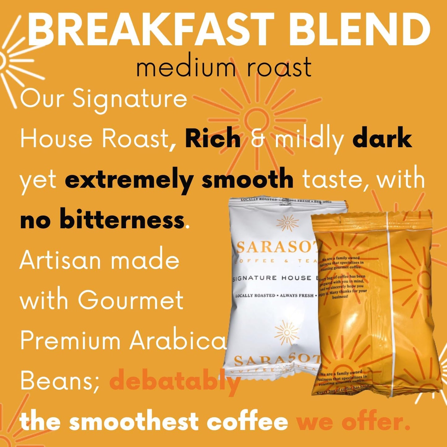 Sarasota Coffee Ground Packets | Gourmet Medium Roast Ground Coffee Packs | Breakfast Blend | Low Acid Mold Free Singles Packets | Individual Pouches for 12 Cup Coffee Maker | 2 Ounce Bags, 12 Count