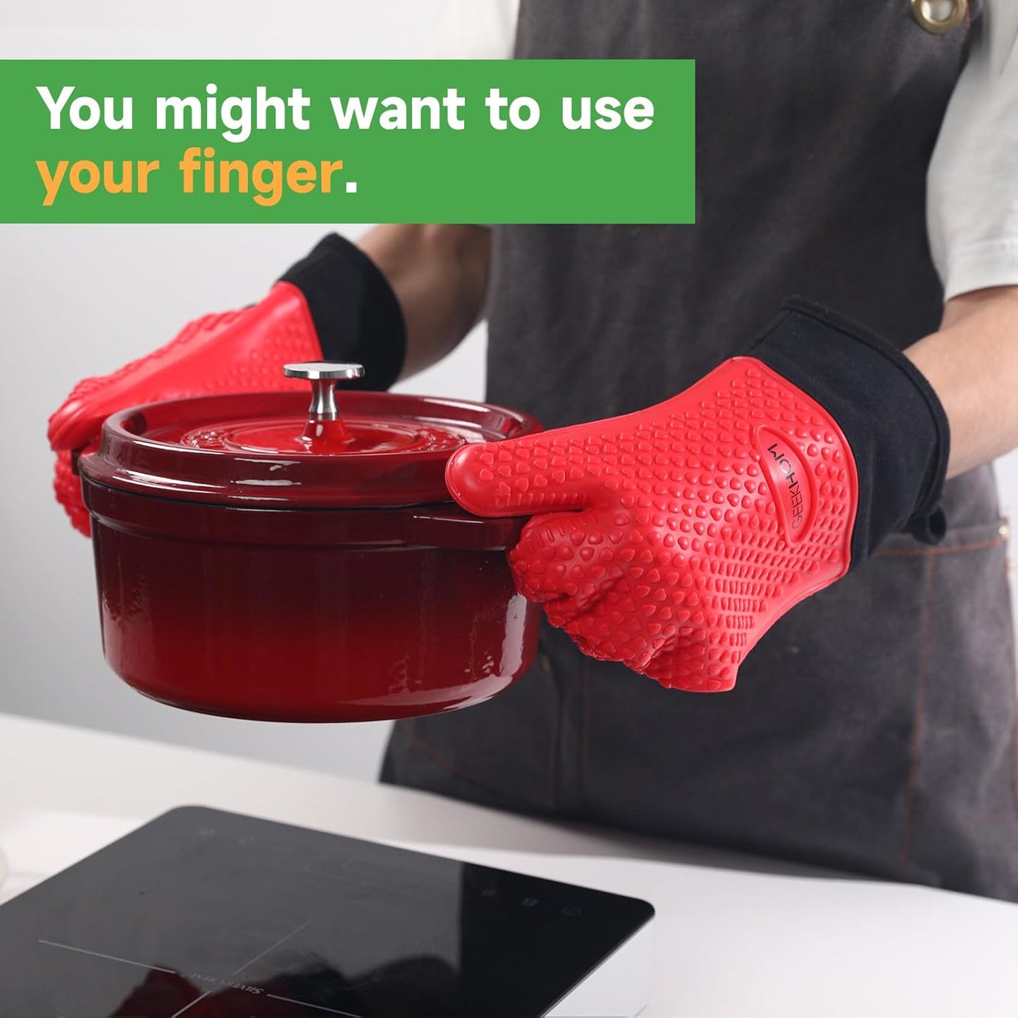 GEEKHOM BBQ Gloves Heat Resistant Oven Mitts - Silicone Grilling Gloves with 14" Long Arm Protection - Waterproof Pot Holder Non-Slip for Men & Women, Kitchen Cooking, Baking, Camping, Red