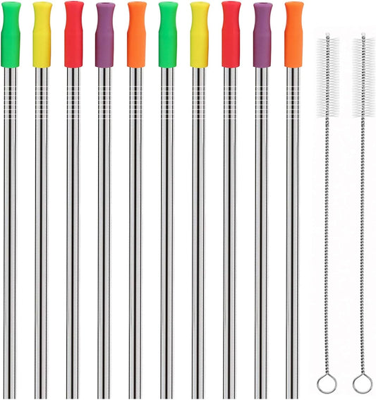 Stainless Steel Metal Straws with Silicone Tips Set of 10 Straight Reusable Drinking Straws for 20oz 30oz Tumblers (10.5'' L 0.24''Dia Staw + 2 Brushes)