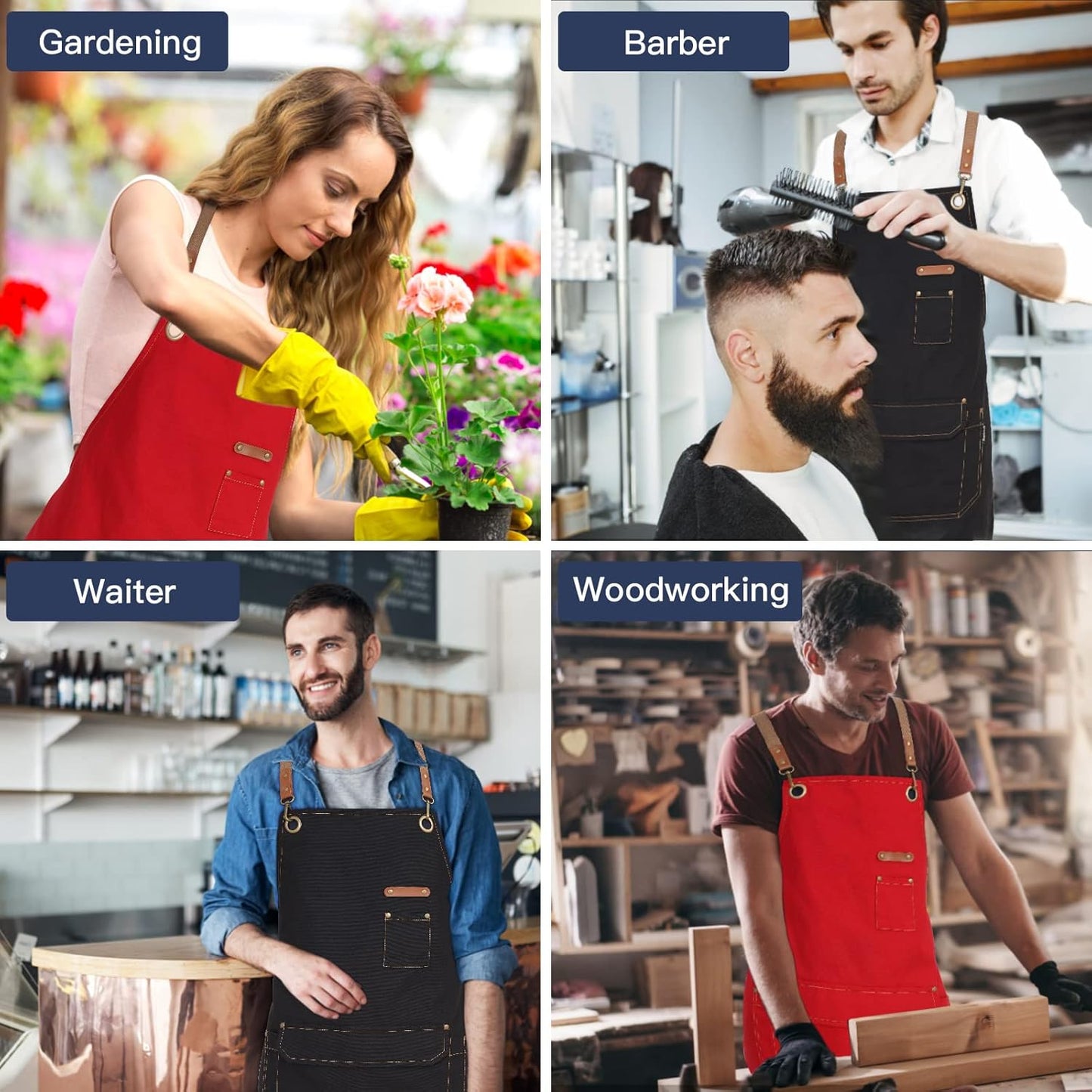 Genixart Chef Apron for Men Women with Pockets, Canvas Aprons for Kitchen Cooking, Artist Painting, Work Apron for Server (Black, 6 Pack)