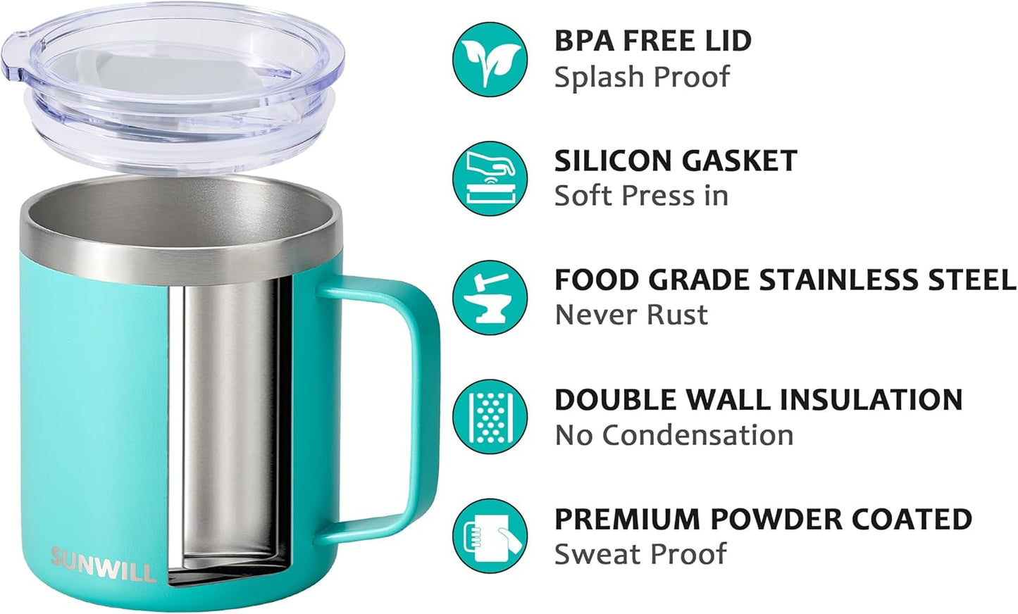 SUNWILL Insulated Coffee Mug with Lid, Travel Tumbler with Handle, 14 oz Stainless Steel Cup for Camping, Office, Home, Powder Coated Teal