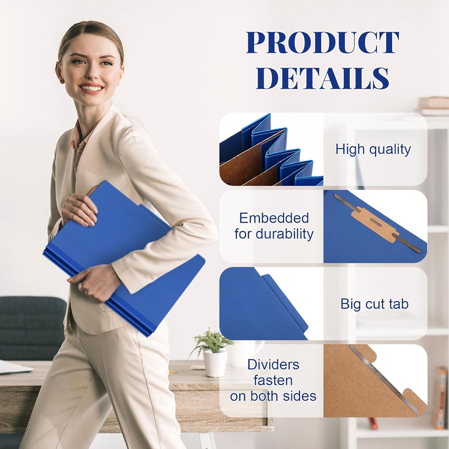 48 Pcs Classification Folders Letter Size, Back to School Supply for Teacher, Student, 3 Dividers Pressboard File Folder Bulk with 2 Fasteners, 3.5 Inch Expanding File Organizer (Dark Blue)