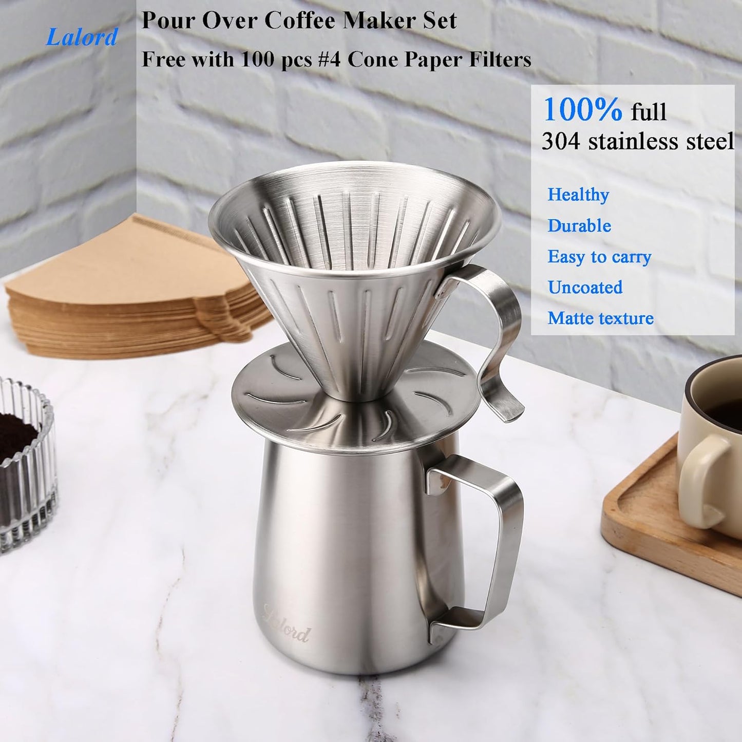 Pour Over Coffee Maker Set, 304 Stainless Steel wIth 100 pcs Size 02 Cone Paper Filters & 600ml Milk Frothing Pitcher, for Home & Camping