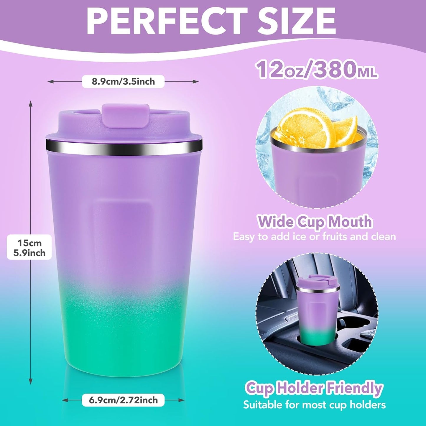Volhoply 12 oz Double Wall Insulated Vacuum Travel Coffee Mug with Flip Lid,Reusable Stainless Steel Leak Proof Coffee Cup,Portable Iced Cafe Thermal Tumbler for Hot & Cold Drinks(Purple Green,1 Set)