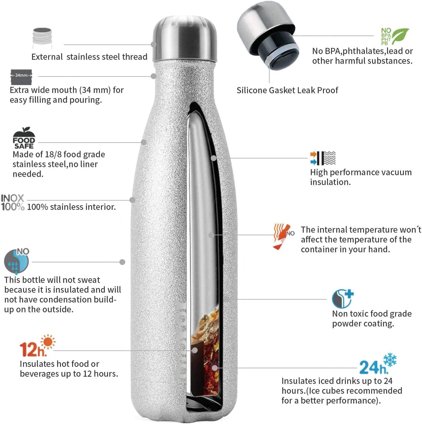 BJPKPK Insulated Water Bottles 17oz Stainless Steel Sports Water Bottles Keep Cold for 24 Hours and Hot for 12 Hours,BPA Free,Glitter Silver