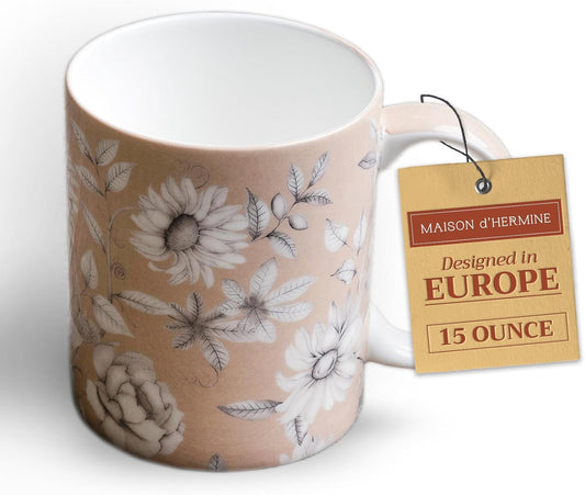Maison d' Hermine Coffee Mug with Handles Fine Bone China Mugs Pack of One Tea Cups for Hot Beverages Cappuccino Latte Home Restaurant Office Perfect for Gift (Pretty Autumn - Mono Autumn, 15 Ounce)