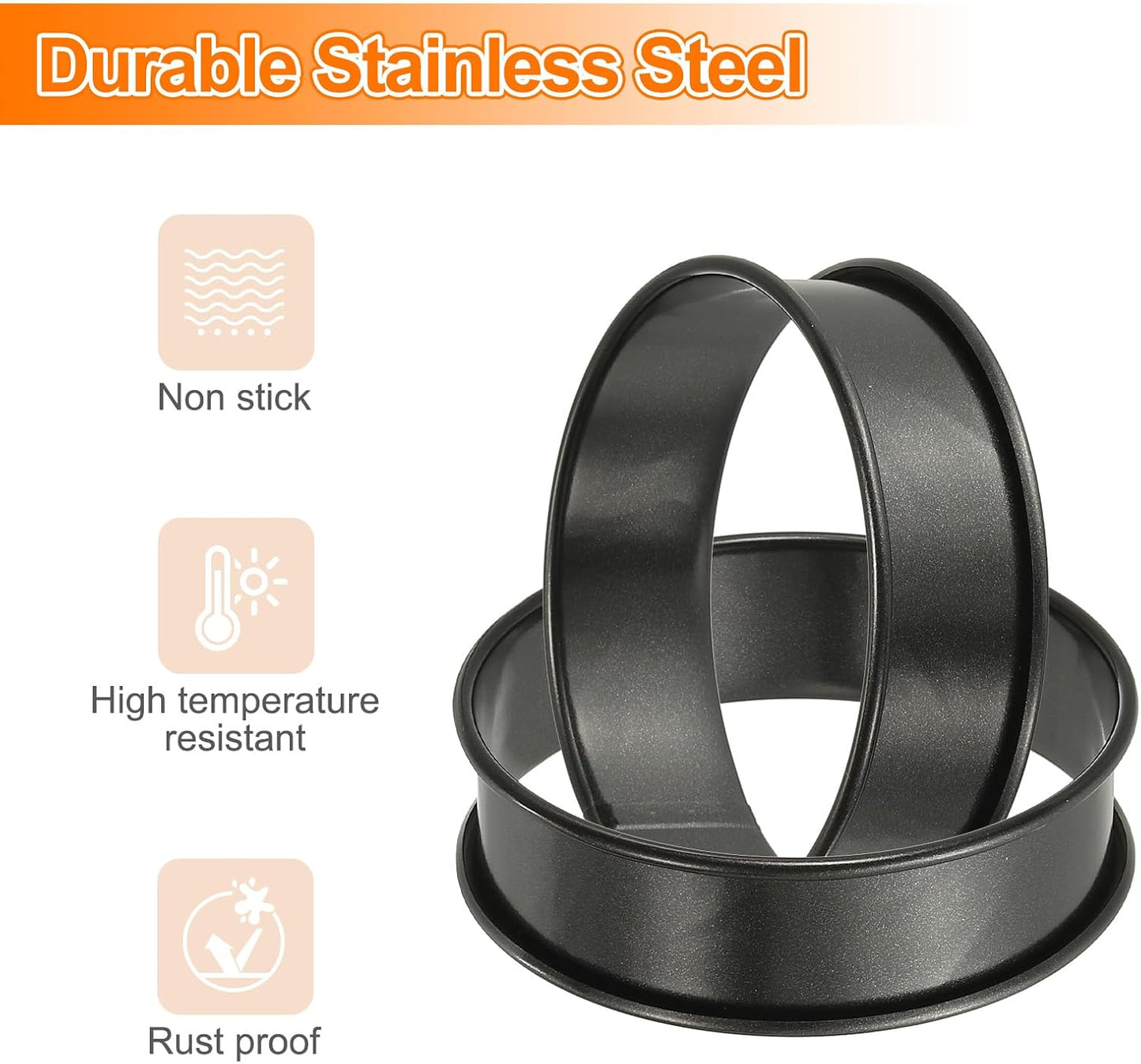 HARFINGTON 6pcs Crumpet Rings 3.15" Nonstick Round Cake Ring Stainless Steel Double Rolled English Pastry Rings for Kitchen Baking Crumpet Dessert, Black