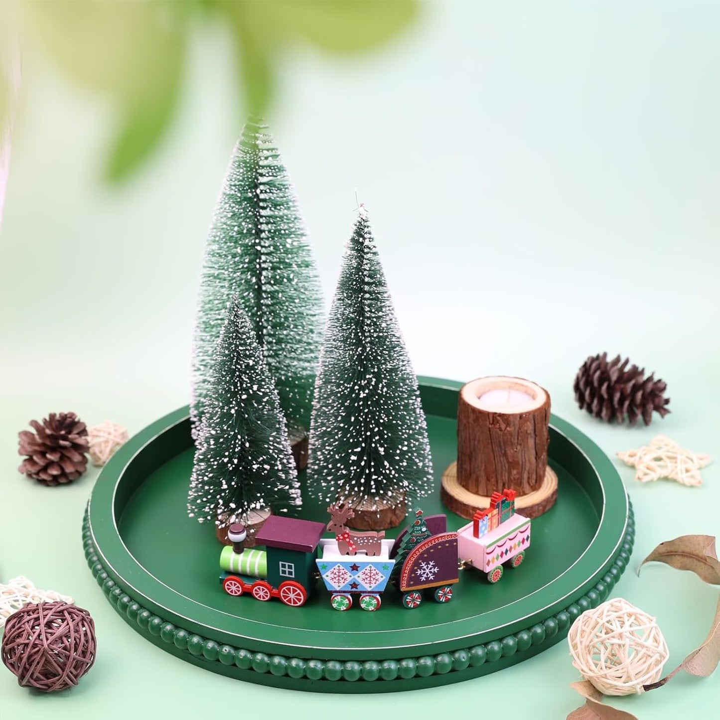 Green Round Wood Decorative Ottoman Tray for Coffee Table Kitchen Counter, Living Room, Handcrafted Green Wooden Serving Tray for Table Centerpiece