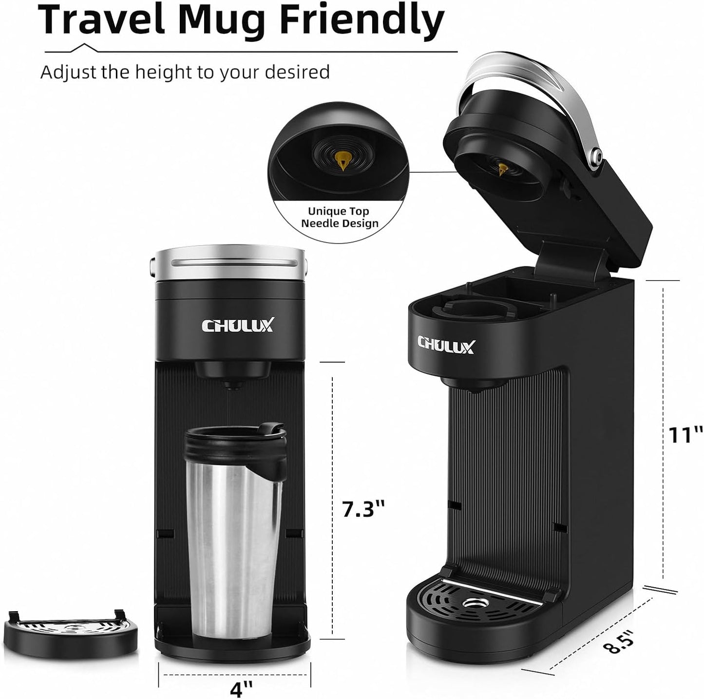 CHULUX Slim Single Serve Coffee Maker for K Cup, Mini Travel One Cup Coffee Machine for Home, Desk, Kitchen and Bedroom, Fits Travel Mug, Black
