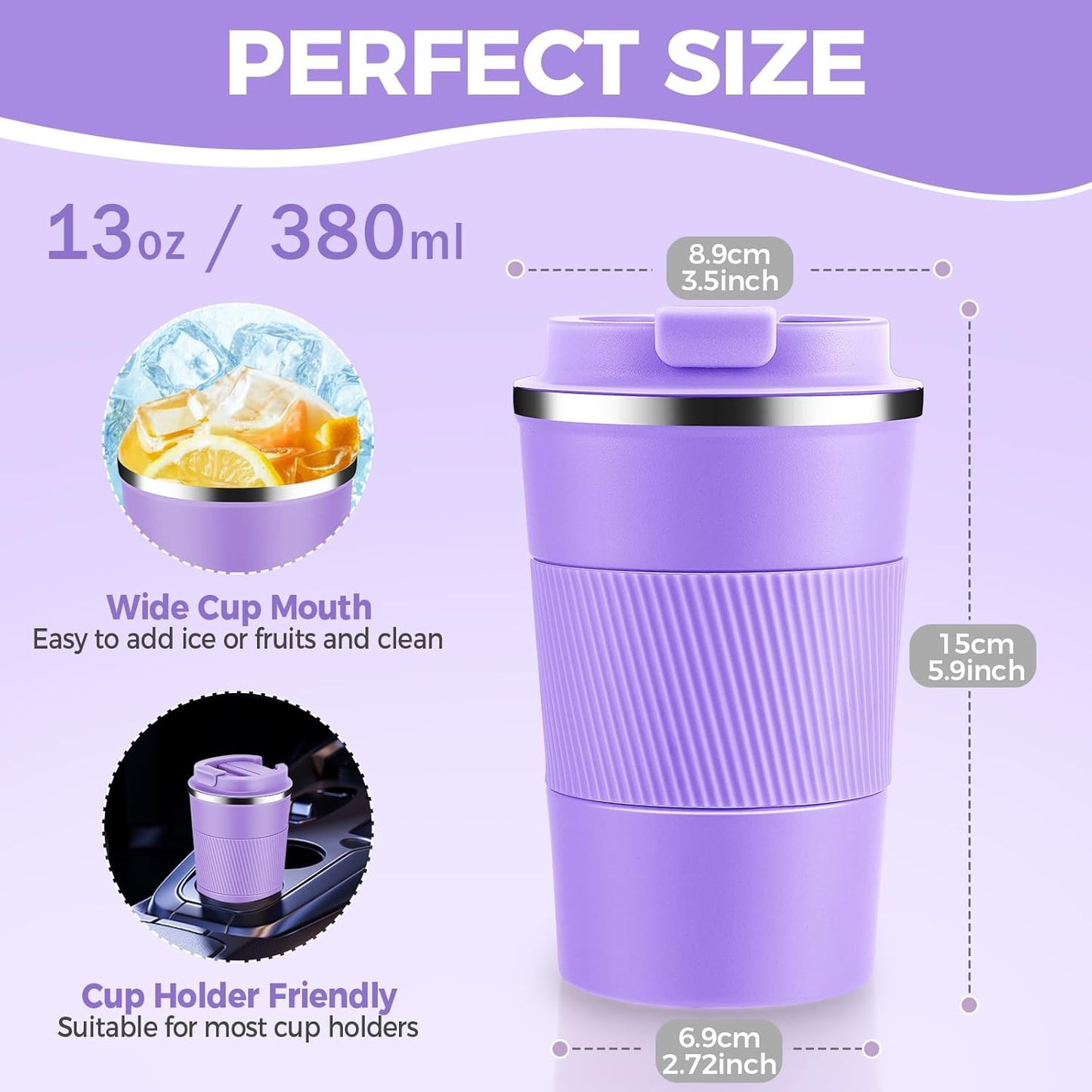 Volhoply 13 oz Stainless Steel Insulated Travel Coffee Mug with Fip Lid Bulk 4 Pack,Reusable Double Wall Vacuum Metal Coffee Cup,Portable Leak Proof Thermal Tumbler for Hot & Cold Drinks(Purple,4)