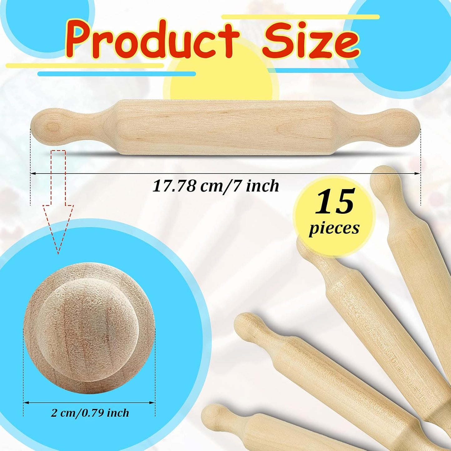 Suclain 15 Pcs Wooden Mini Rolling Pin Long Kitchen Baking Small Dough Rolling Pin for Children Fondant Pastry Pizza Crafting and Imaginative Play for Halloween and Christmas Presents (7 Inches)