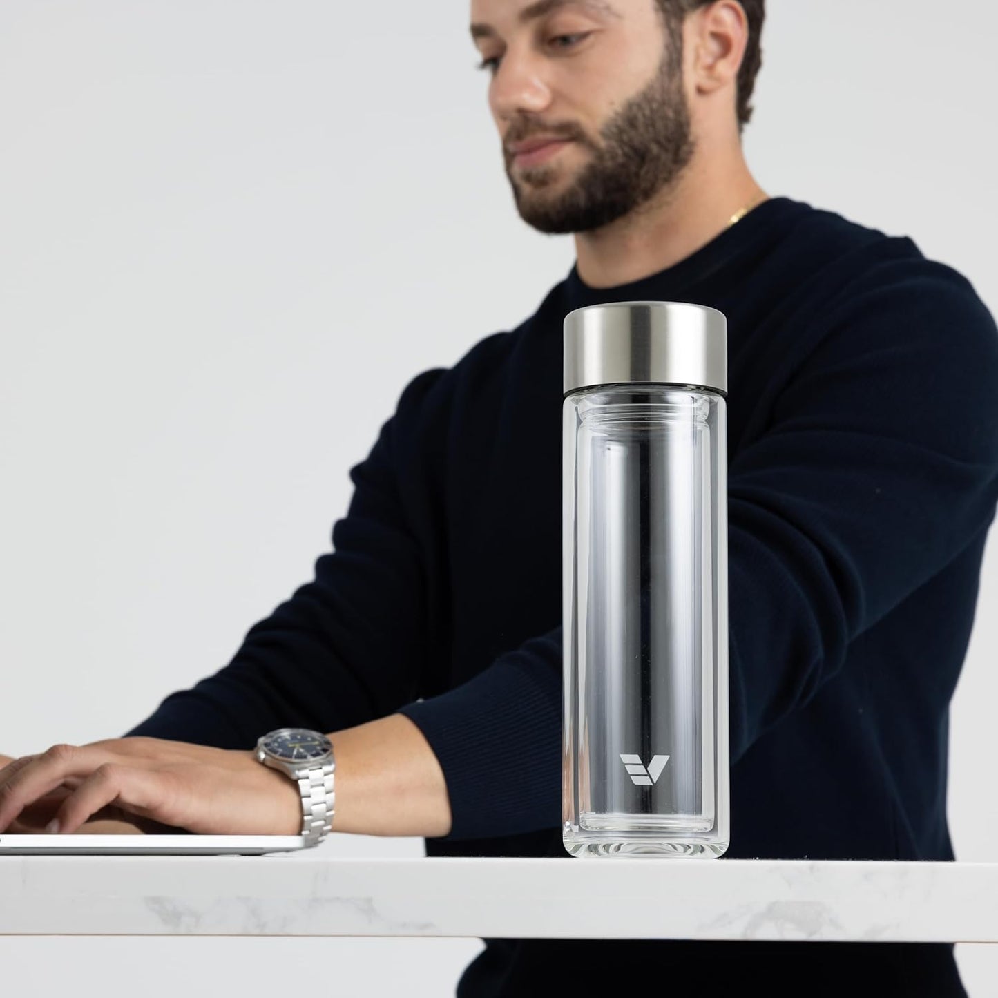 Glass Multi Tea Infuser Bottle 14oz - Double Wall Borosilicate Glass Flask | No Plastic Touches Contents | Perfect for Office or Home