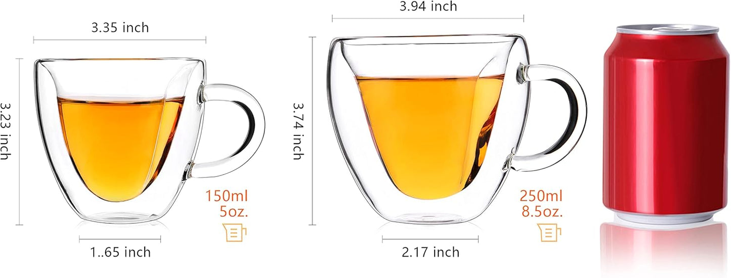 CNGLASS Mothers Day Gifts for Mom,Double Wall Heart Shaped Glass Coffee Mugs 5oz(Set of 2),Insulated Clear Tea Cups with Handle,Unique Glass Espresso Mugs for Coffee,Cappuccino,Latte,Milk