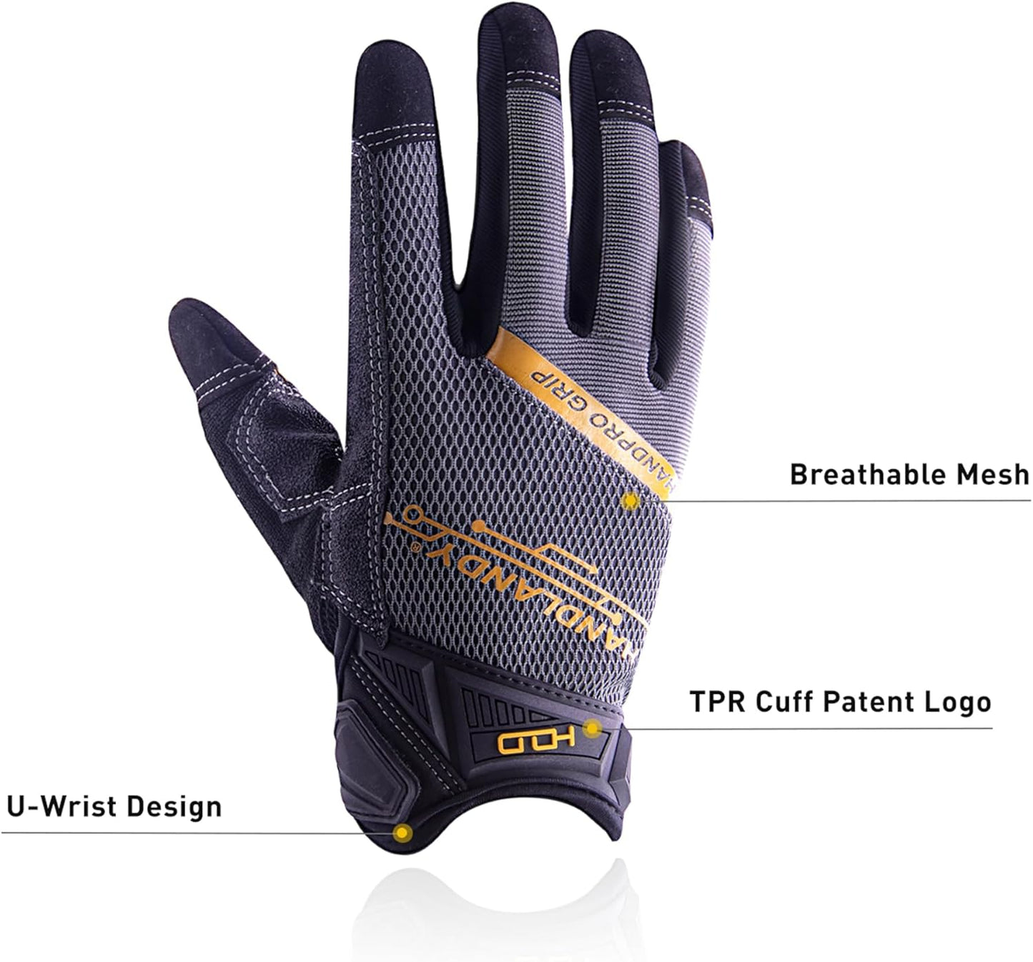HANDLANDY Mens Work Gloves Touch screen, Utility Mechanic Gloves, Flexible Breathable Fit- Padded Knuckles & Palm