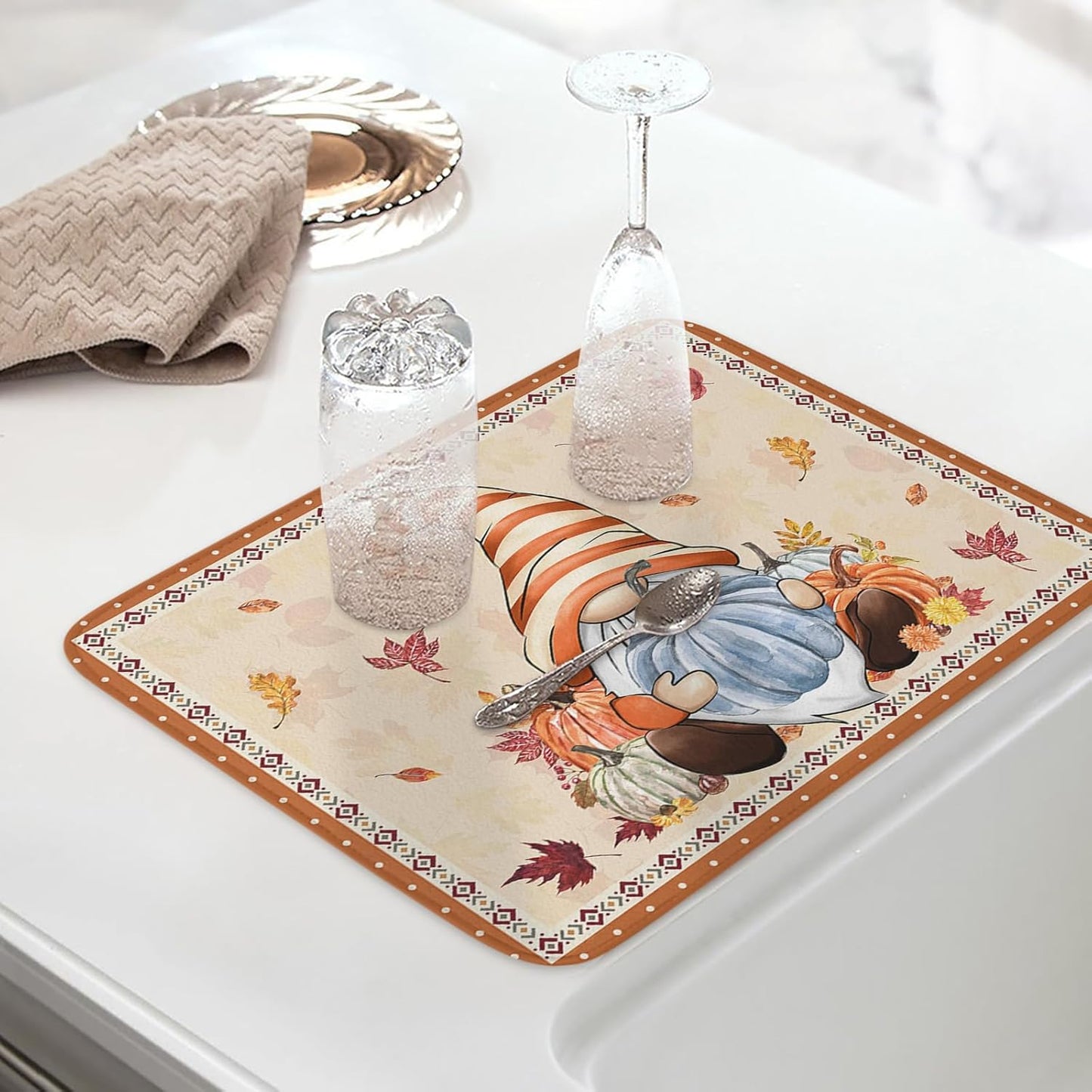 Fall Dish Drying Mat for Kitchen Counter Pumpkin Gnome Drying Pad Absorbent Drying Mats for Countertops Sinks Draining Racks Autumn Maple Leaves Drainer Holiday Harvest Thanksgiving Decorations 18x24