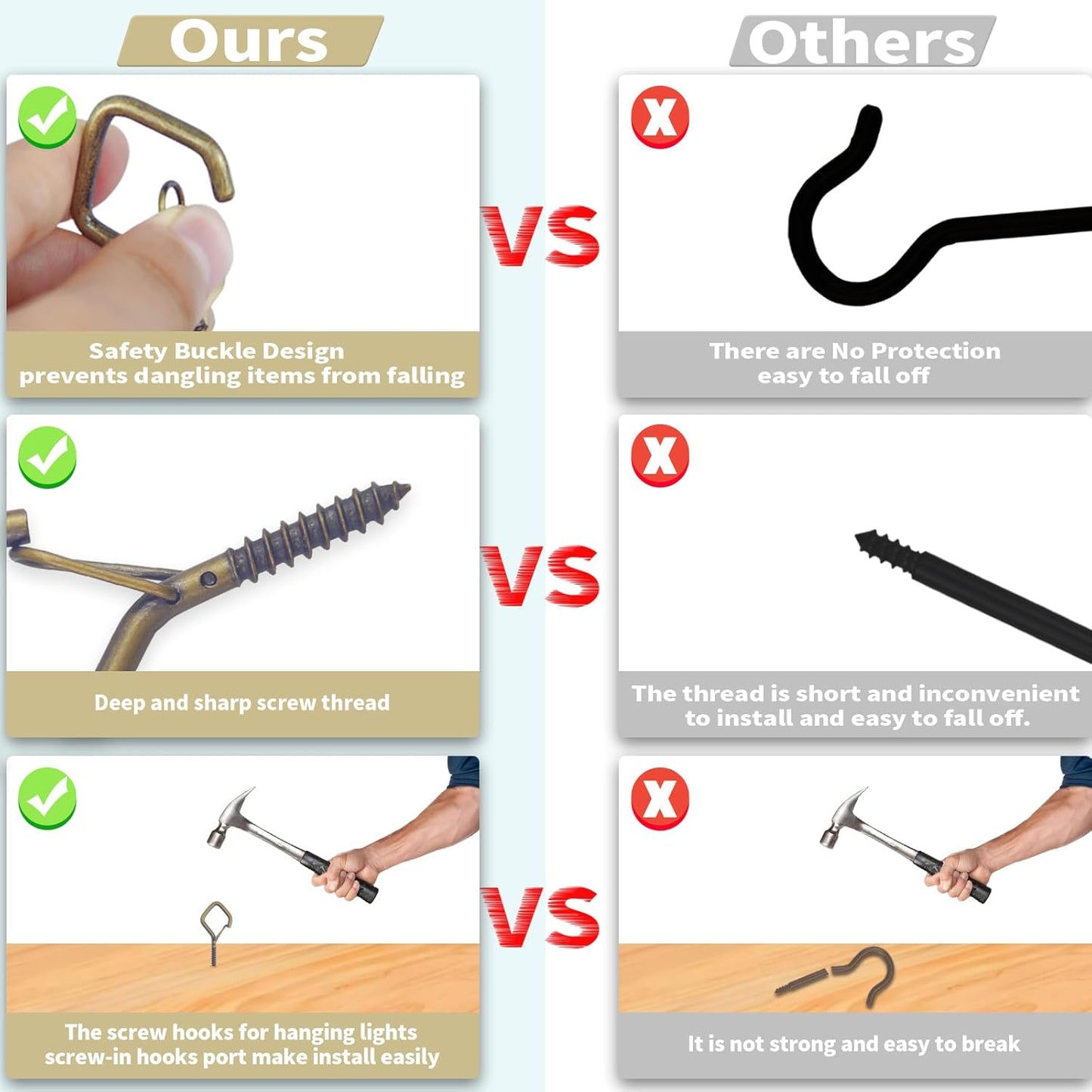 100 PCS Bronze Eye Screw Hooks for Hanging Heavy Duty with Safety Buckle.Metal Ceiling Hooks for Hanging Plants Cup Wind Chime Bird Feeders Patio Lights at Indoor&Outdoor