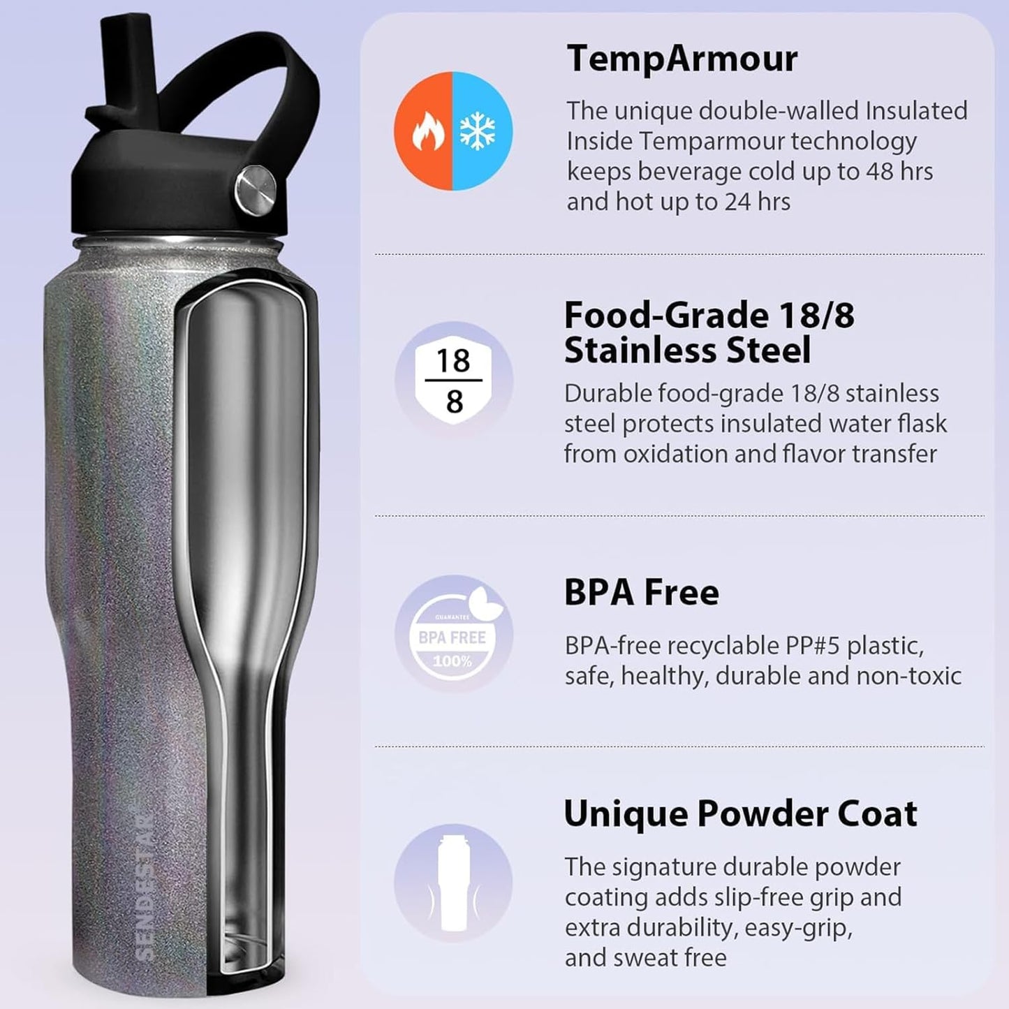 SENDESTAR 40oz Stainless Steel Water Bottle(Cold for 48 Hrs, Hot for 24 Hrs),Double Wall Vacuum Insulated Bottle with Straw Lid, Spout Lid and Flex Cap, Fit in Any Car Cup Holder TXIN-40-Laser Grey