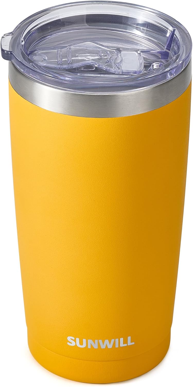 SUNWILL Travel Coffee Tumbler 20 oz, Insulated Mug with Lid, Stainless Steel Cup for Hot and Cold Drinks, Powder Coated Yellow