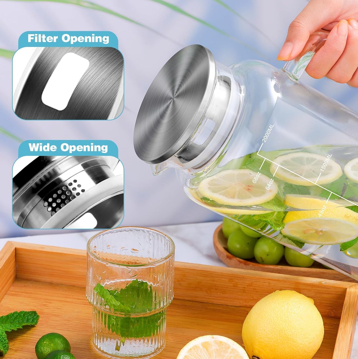 Aofmee 68oz Glass Pitcher with Lid, 2 Liter Water Carafe with Silicone Base and Precise Scale Line, Ice Tea Pitcher for Fridge, Anti-Slip Glass Jug for Sun Tea Juice Coffee Milk Beverage (Blue)