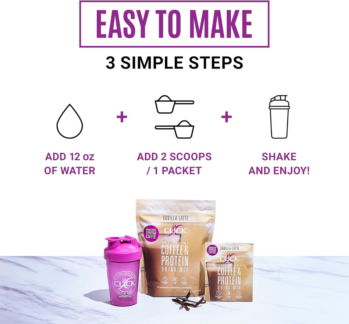 Click Coffee Protein Powder | Double Shot Espresso | 16g Protein | 23 Essential Vitamins | Low Calorie Meal Replacement | 150mg Caffeine | Gluten Free | No Artificial Flavors or Colors | Vanilla