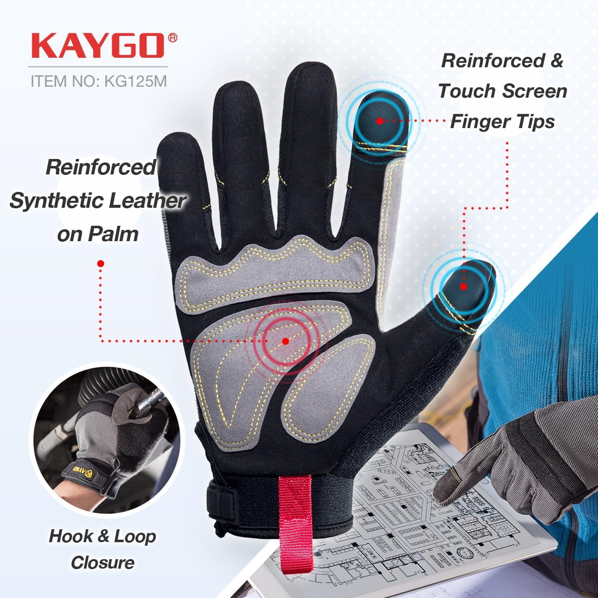 KAYGO Work Gloves For Men, KG125M Mechanic Utility Work Gloves for All Purpose, Excellent Grip, Heavy Duty, Improved Dexterity, Touch Screen, Large