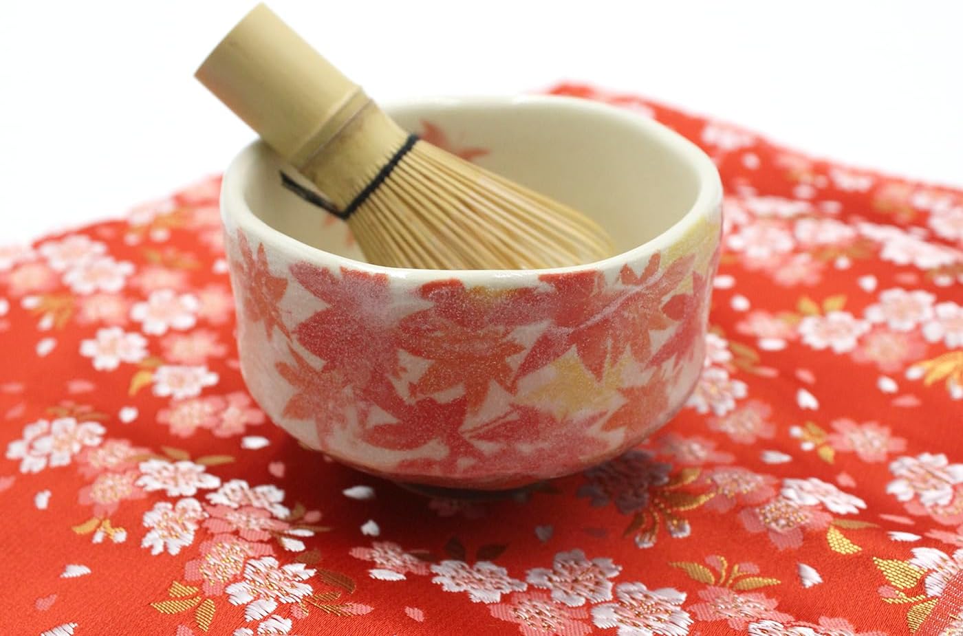 Japanese Traditional Mino Ware Handcrafted Mini Matcha Chawan Tea Bowl Cup Set With Chasen Bamboo Tea Whisk Ceremony Tableware Pottery (Shino Momiji)