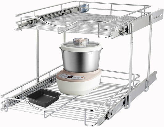 DINDON Pull Out Cabinet Organizer (14" W X 21" D), Cabinet Pull Out Shelves, 2 Tier Pull Out Drawers for Kitchen Cabinets, Wire Basket Slide Out Shelf for Cabinet Organization in Kitchen, Pantry