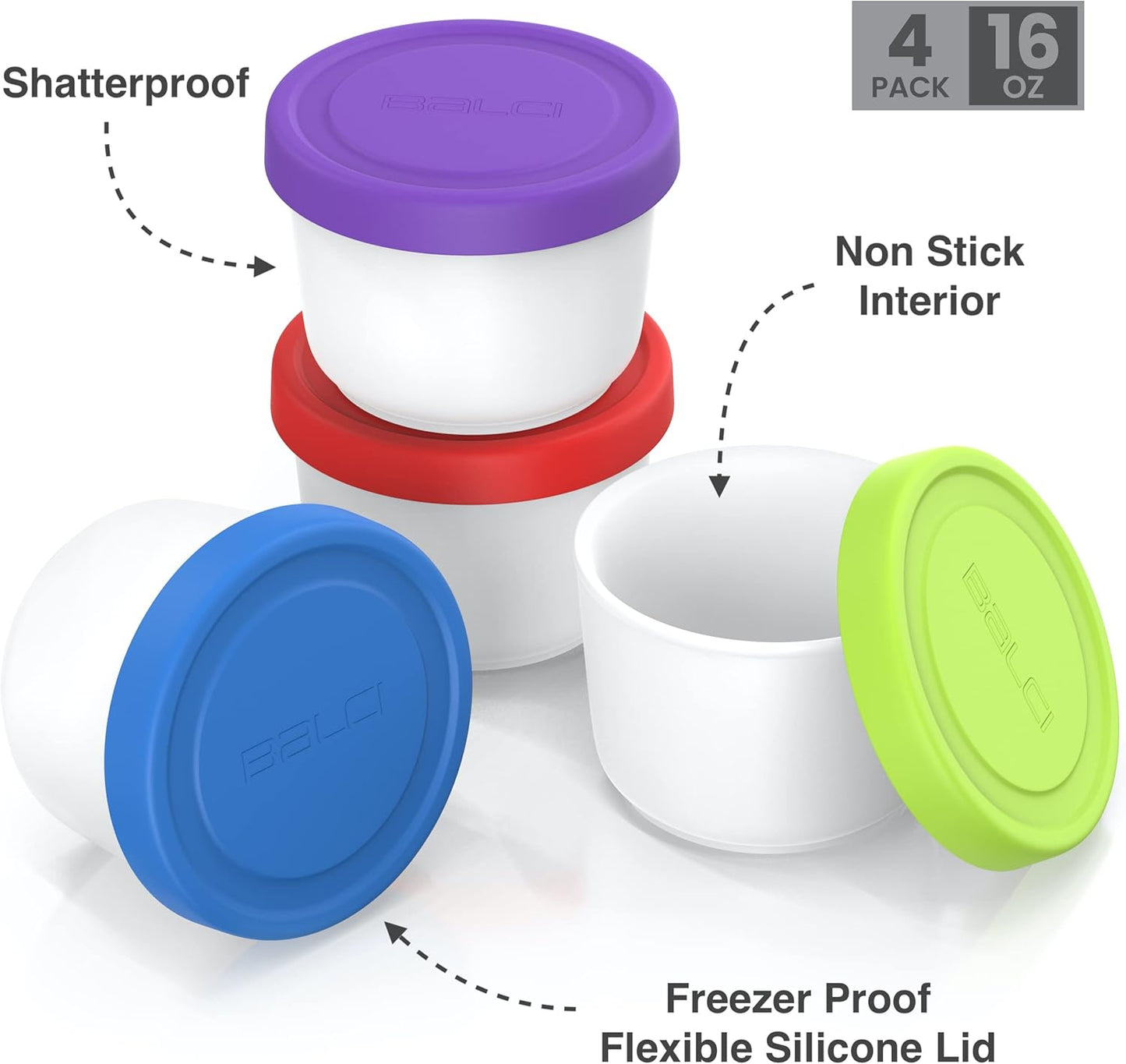 BALCI - 16oz Ice Cream Containers with Silicone Lids (Set of 4) - 1 Pint Each Freezer Food Storage Containers, Reusable, LeakProof, For Homemade IceCream Containers - Blue, Red, Green, Purple