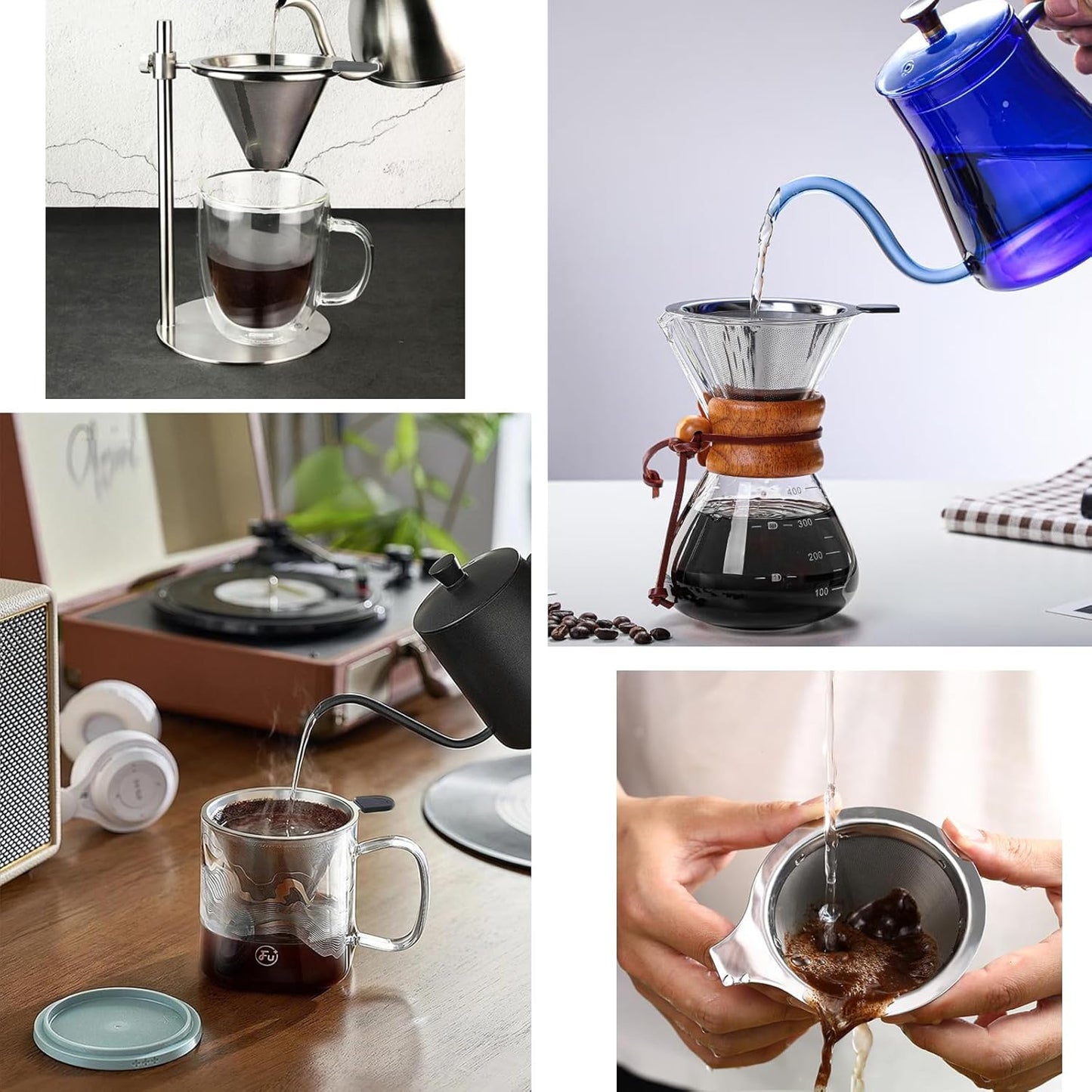 Double Mesh Pour Over Coffee Filter Set - 300+600 Mesh Reusable Stainless Steel Coffee Filter with Detachable Handle, Easy Clean, 2-in-1 for Drip/Cold Brew/Espresso,Fits Most V60/Chemex Brewers