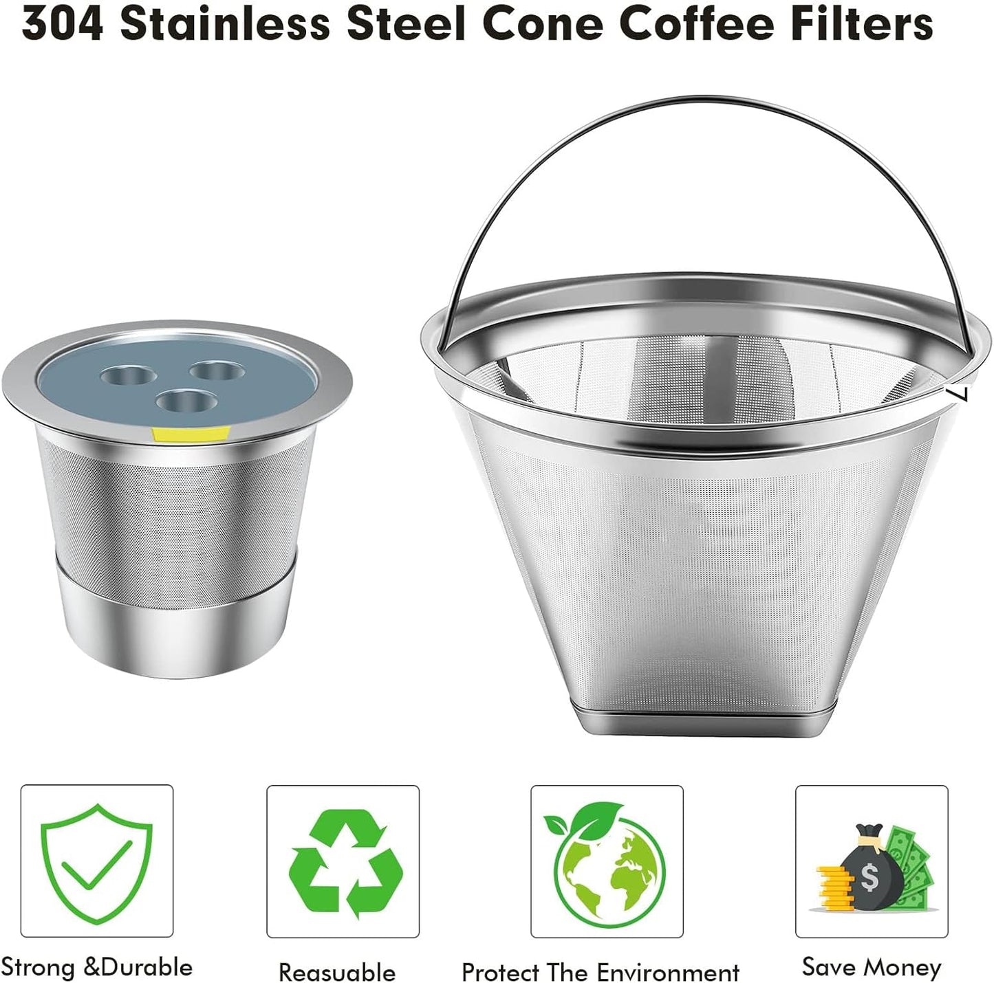Stainless Steel Reusable Coffee Filter Compatible with Ninja Dual Brew Coffee Maker, Reusable Coffee Pods with 4 Cone Coffee Filters, Reusable k cups fit for Ninja CFP201 CFP301