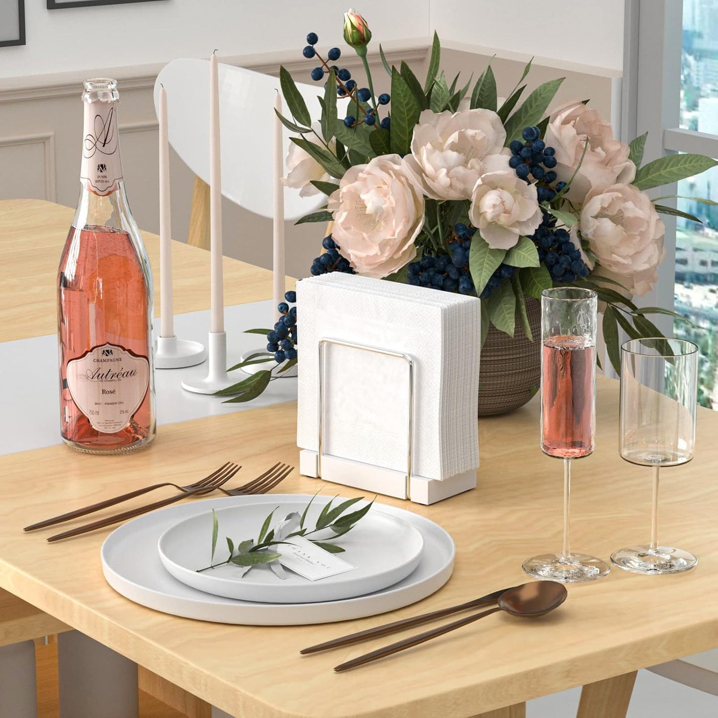 Napkin Holder for Table, Bamboo Iron Standing Napkin Dispenser for Kitchen Dining Table Farmhouse Cocktail Picnic Rustic Wood Holders for Mail Bills Suitable for All Dining Room Decors Silvery & White