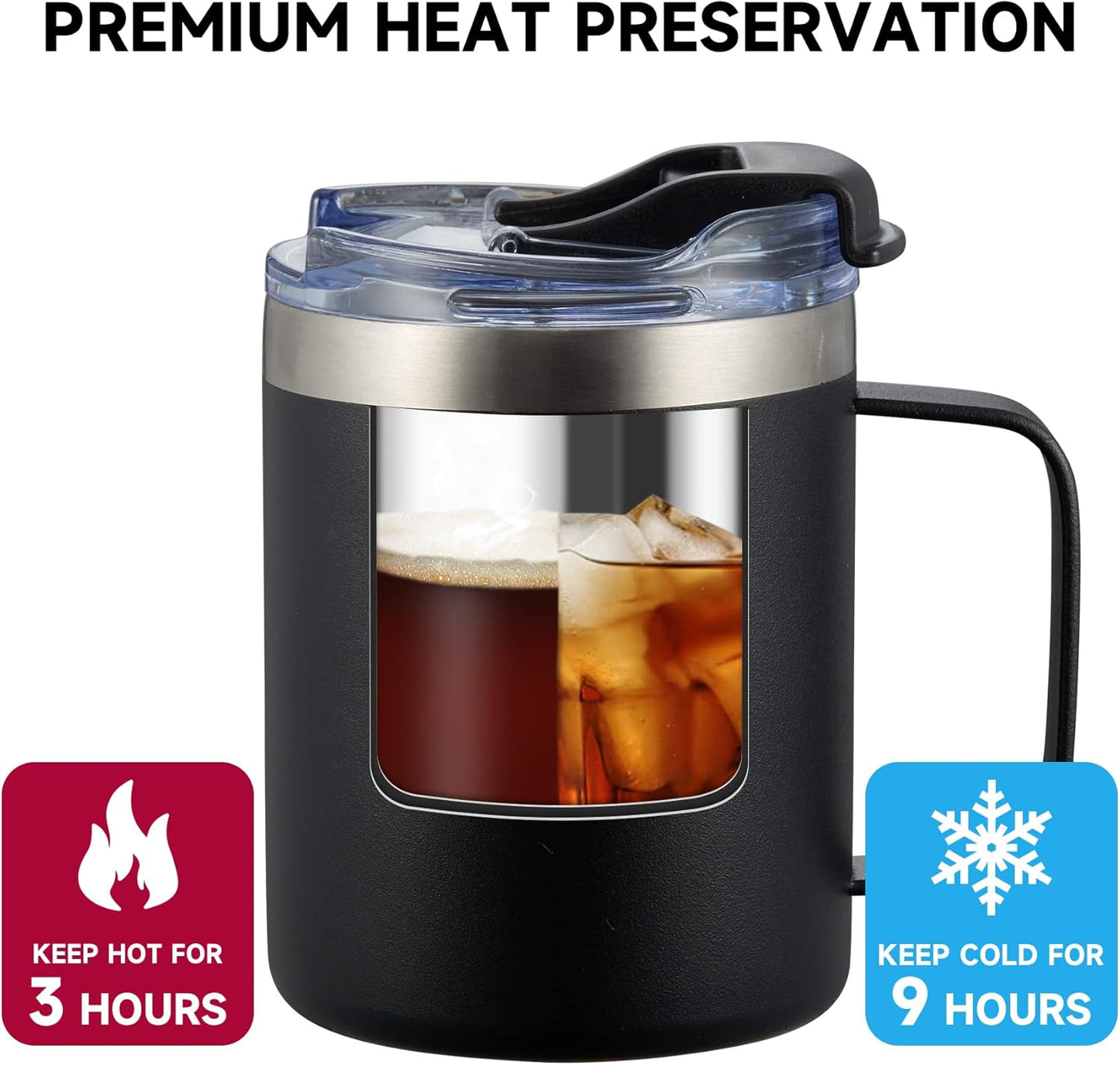 ALOUFEA 12oz Insulated Coffee Mug Cup with Handle, Stainless Steel Travel Coffee Mug with Flip Lid, Double Wall Vacuum Coffee Tumbler, Black