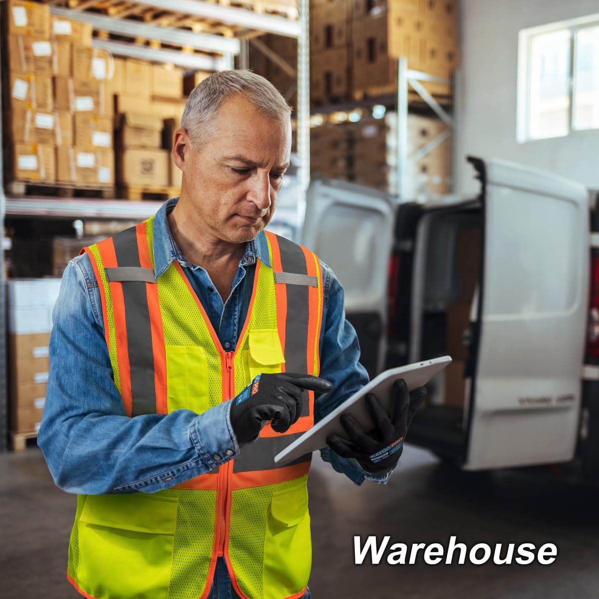 KAYGO Safety Work Gloves PU Coated for Men and Women, 12 Pairs KG11PB, Seamless Knit Glove with Two Fingers Touchscreen, breathable and lightweight Ideal for General Duty Work (Small,Black)