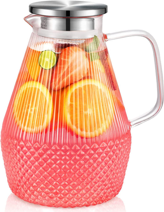 Glass Pitcher with Lid and Spout, veecom 80oz Water Pitchers for Drinks, Large Glass Jug for Juice, Lemonade, Beverage, Iced Tea Pitcher for Fridge, Heat Resistant Water Carafe with Brush