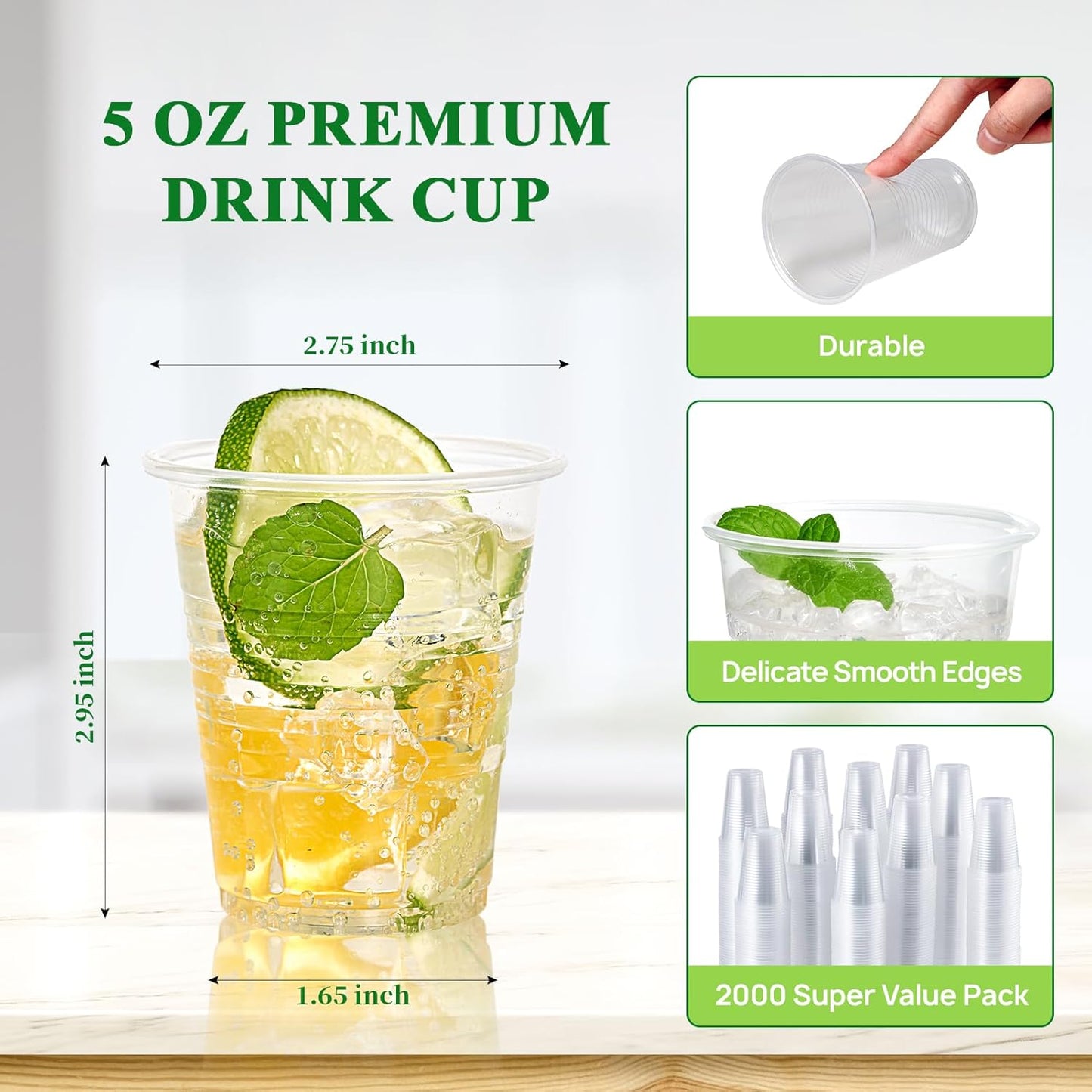 Vplus 2000 Pack 5 OZ Clear Small Dessert Plastic Cups, 5 Ounce Disposable Cold Party Drinking Shot Measuring Mouthwash Cups for Office Bathroom Party