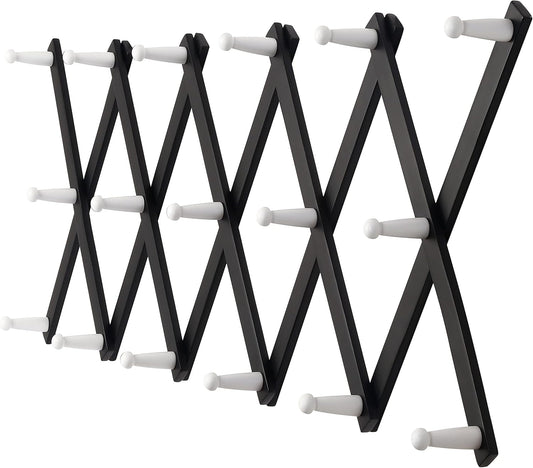 Dseap Accordian Wall Hanger: 16” High Wooden Wall Expandable Coat Rack, Hat Rack Holder, Accordion Hook for Baseball Caps, Coats, Mugs,17 Peg Hooks, Black & White