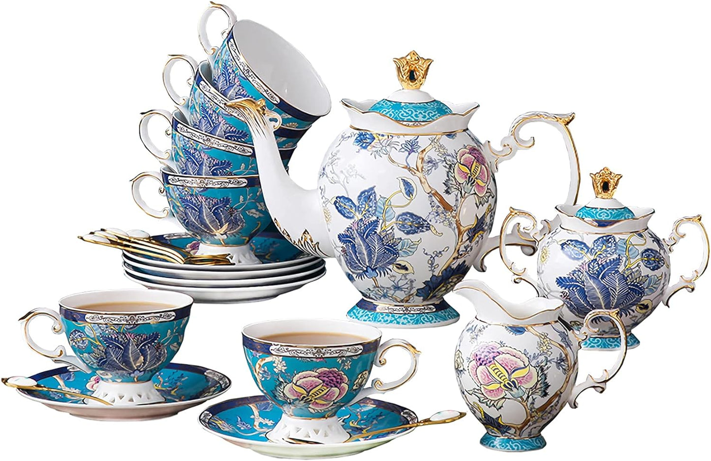 ACMLIFE Tea Sets for Adults for 6, Blue Tea Set with Cups, Fine Bone China 24K Gold, Tea Pot and Cups Set, Vintage British English Porcelain Afternoon Service Sets for Women Tea Party for Luxury Gift