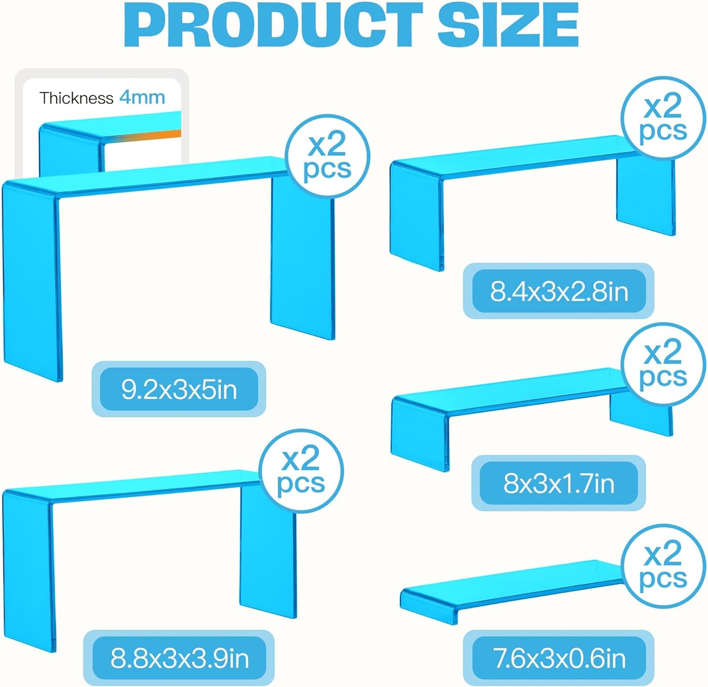 Goabroa Acrylic Display Risers, 2 Sets 10 Pcs Risers Display Stands, Rectangular Acrylic Shelves for Figures, Cupcake, Wine Glass and Handbag display, Transparent Cyan