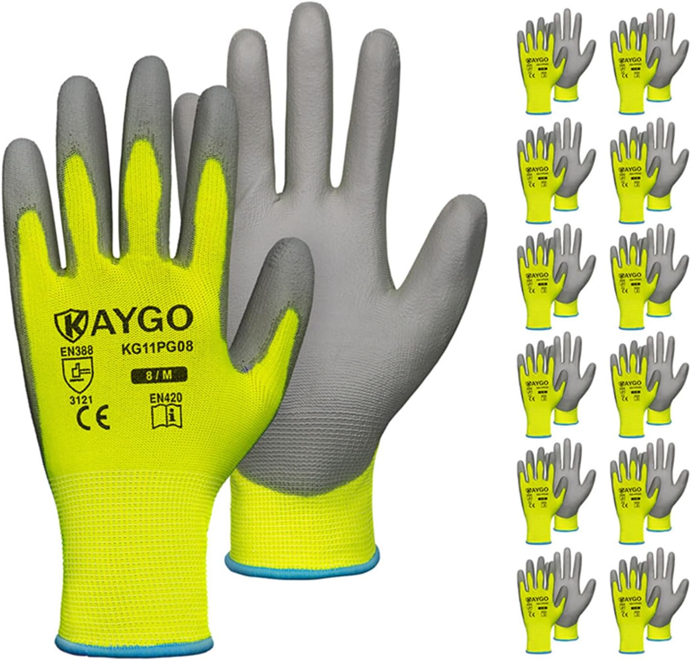 KAYGO Medium Green Safety Work Gloves, PU Coated, 12 Pairs, KG11PB