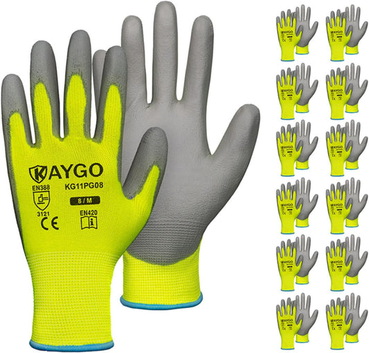 KAYGO Medium Green Safety Work Gloves, PU Coated, 12 Pairs, KG11PB