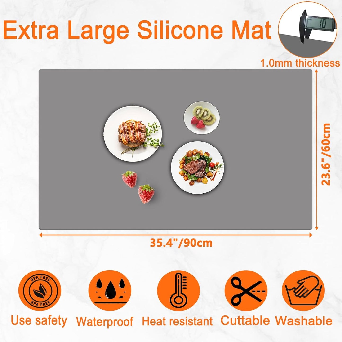35.4''x23.6''(90cmx60cm) Extra Large Silicone Mat for Kitchen Counter, Heat Resistant Countertop Protector, Non-Slip Waterproof Kitchen Island Mat, Easy to Clean, Dark Gray