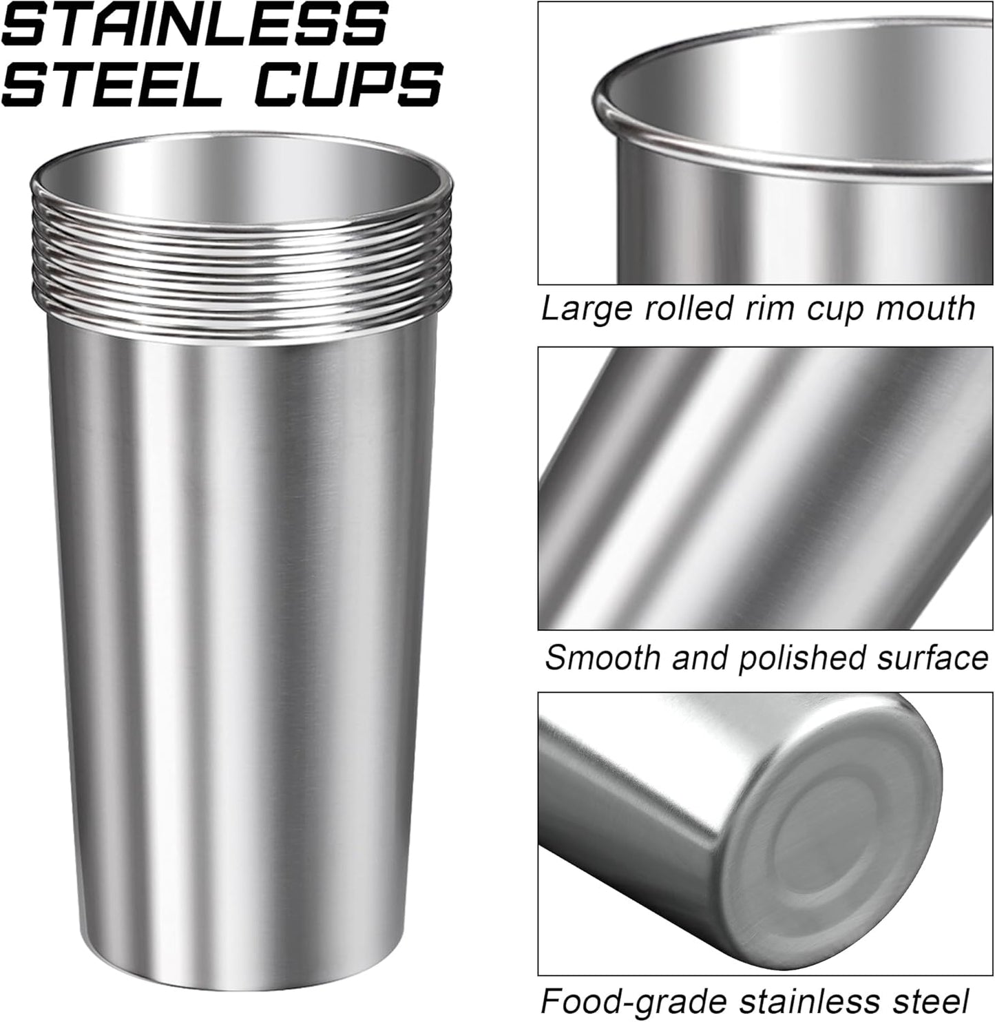Ruisita 6 Pack 20 oz Stainless Steel Cups Metal Shatterproof Stackable Pint Drinking Cups for Adults or Kids (20 oz/600 ml)