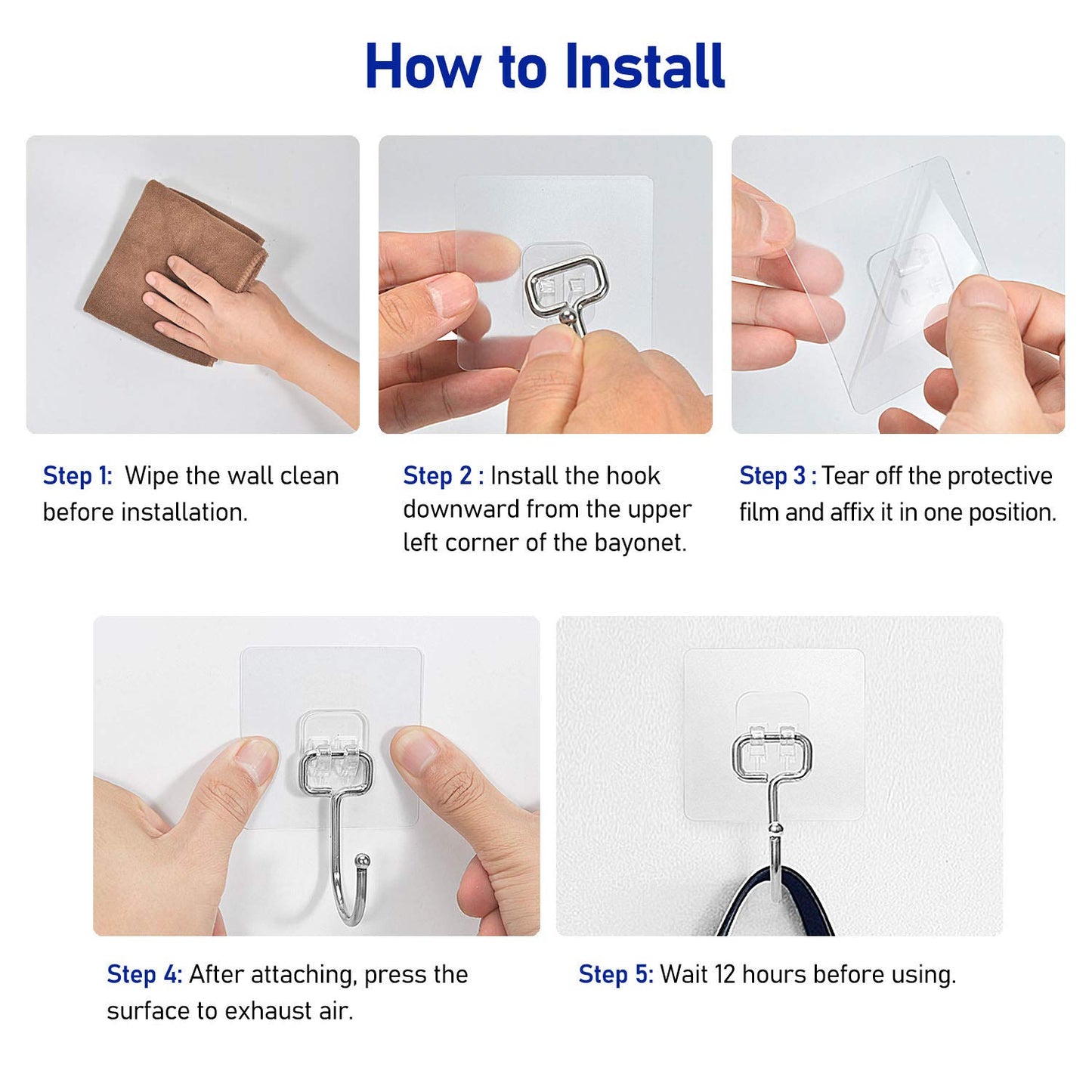 FACURY Large Adhesive Hooks 22Ib(Max), Waterproof and Rustproof Wall Hooks for Hanging Heavy Duty, Stainless Steel Towel and Coats Hooks to use Inside Kitchen, Bathroom, Home and Office, 8Pack