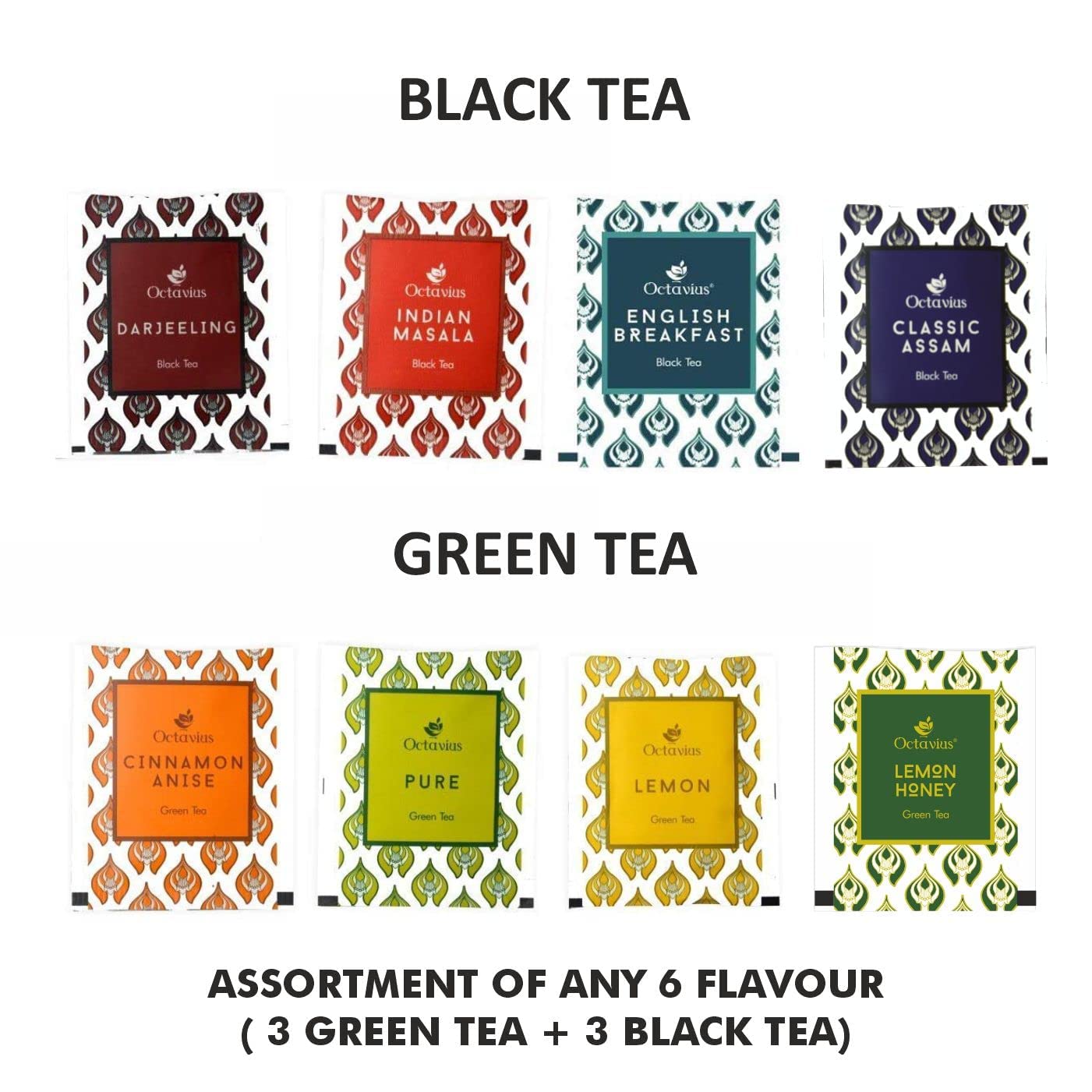 Octavius Assortment of 6 Black & Green Teas - 30 Enveloped Tea Bags in Ornate Floral Art Wooden Box | Tea Sampler Assortment Box Tea Variety Pack | Tea gift for Tea Lovers, Family, Friend