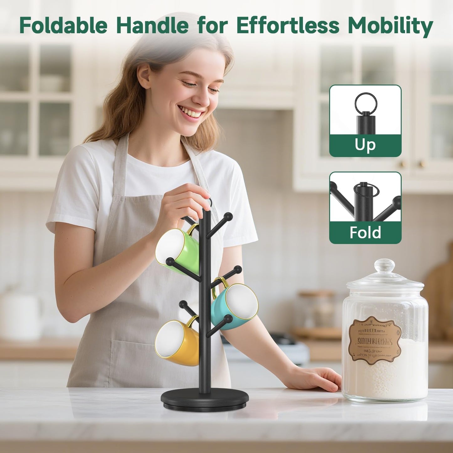 EsLuker.ly Mug Holder Tree Bamboo 360° Rotating Coffee Cup Display Rack with 6 Hooks for Home Kitchen Counter, Upgrade Wood Mug Stand Station Organizer, Building Your Dream Coffee Corner, Black