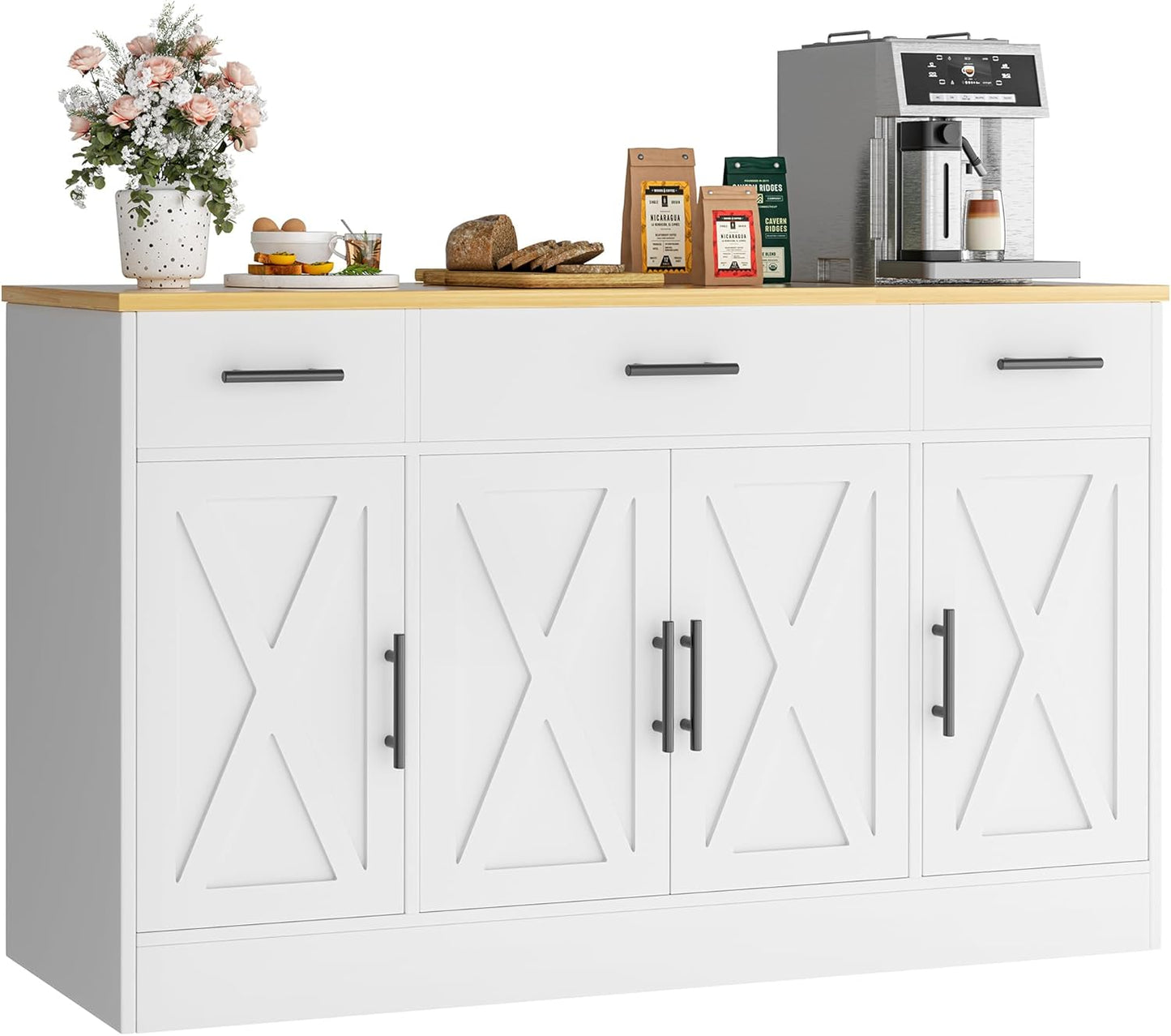 Vongrasig 53' Large Sideboard Cabinet with 4 Doors and 3 Drawers, Farmhouse Buffet Table Coffee Bar Kitchen Storage Cabinet, Wood Buffet Table for Kitchen, Dining Room, White